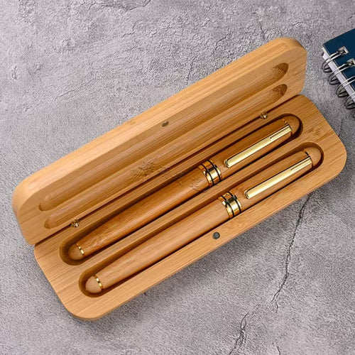 Bamboo Metal Dual Pen Set Fountain Rollerball Pen With Gift Box